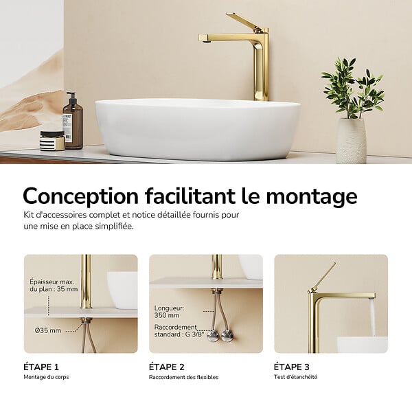 EMKE - EMKE Mitigeur de Lavabo Surélevé Monocommande 335mm en Laiton, Robinet pour Vasque à Poser avec Aérateur NEOPERL, Or Champagne - large