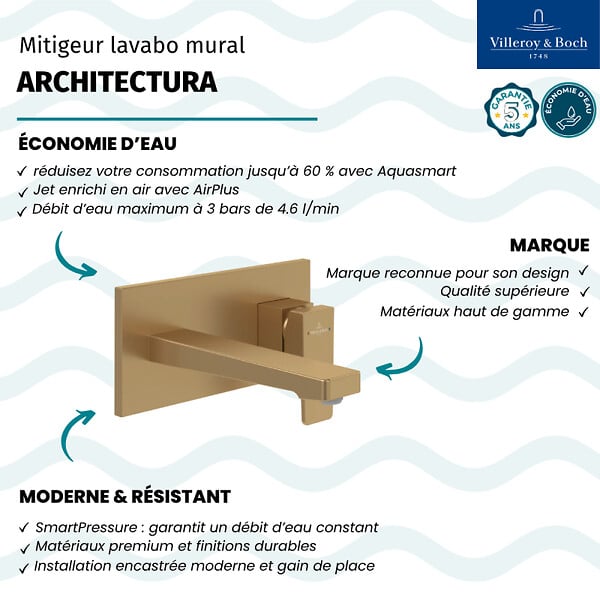 VILLEROY ET BOCH - Mitigeur lavabo mural  Architectura Square avec vidage Push Open Or brossé - large