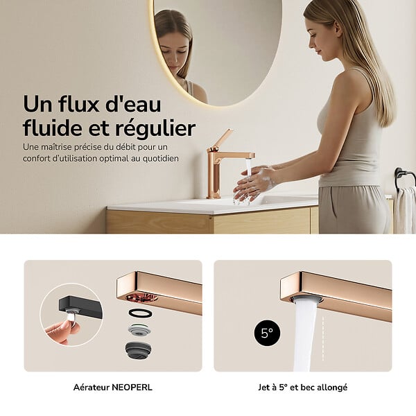EMKE - EMKE Mitigeur de Lavabo Monocommande 195 x 173 mm en Laiton, Robinet Salle de Bain avec Aérateur NEOPERL, Or Rose - large