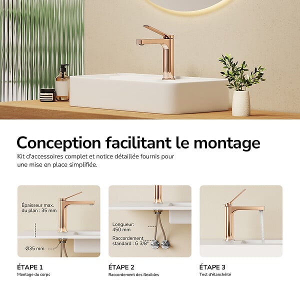 EMKE - EMKE Mitigeur de Lavabo Monocommande 195 x 173 mm en Laiton, Robinet Salle de Bain avec Aérateur NEOPERL, Or Rose - large