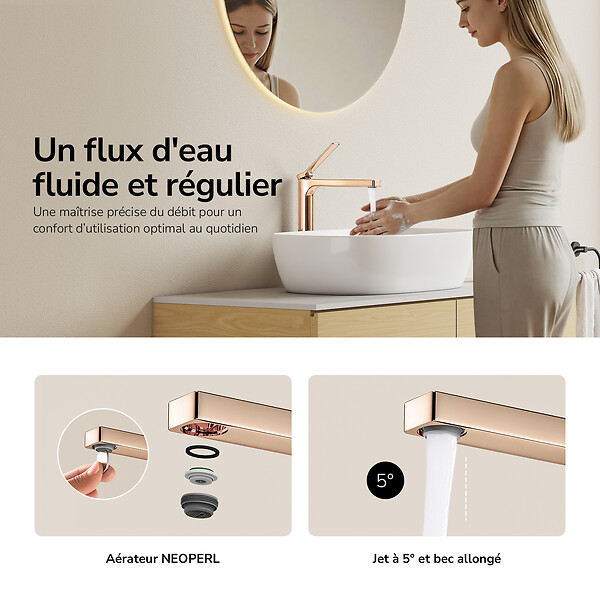 EMKE - EMKE Mitigeur de Lavabo Surélevé Monocommande 335mm en Laiton, Robinet pour Vasque à Poser avec Aérateur NEOPERL, Or Rose - large