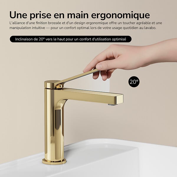 EMKE - EMKE Mitigeur de Lavabo Monocommande 195 x 173 mm en Laiton, Robinet Salle de Bain avec Aérateur NEOPERL, Or Champagne - large