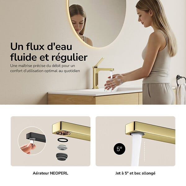 EMKE - EMKE Mitigeur de Lavabo Monocommande 195 x 173 mm en Laiton, Robinet Salle de Bain avec Aérateur NEOPERL, Or Champagne - large