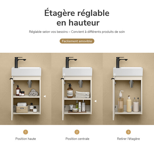 EMKE - EMKE Meuble de Salle de Bain Suspendu avec Lave-mains 41,5 x 22,5 x 64,5 cm, Réversible, Soft-Close, Gris Cachemire - large