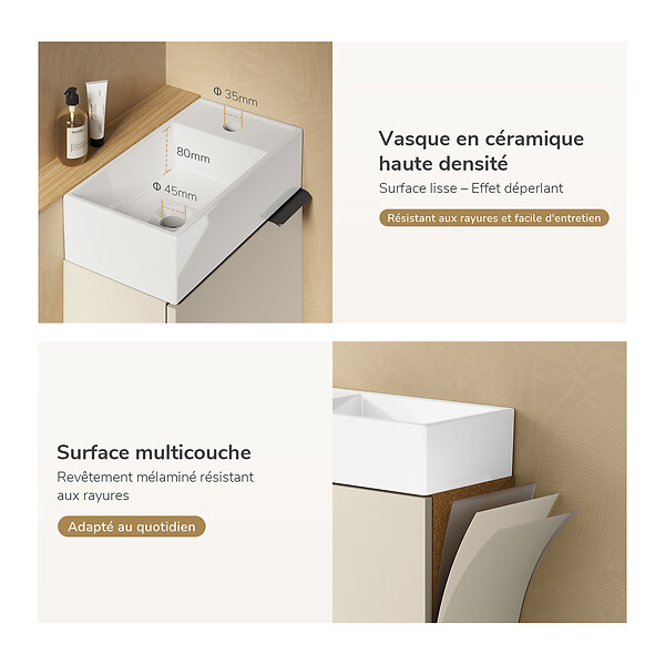 EMKE - EMKE Meuble de Salle de Bain Suspendu avec Lave-mains 41,5 x 22,5 x 64,5 cm, Réversible, Soft-Close, Gris Cachemire - large
