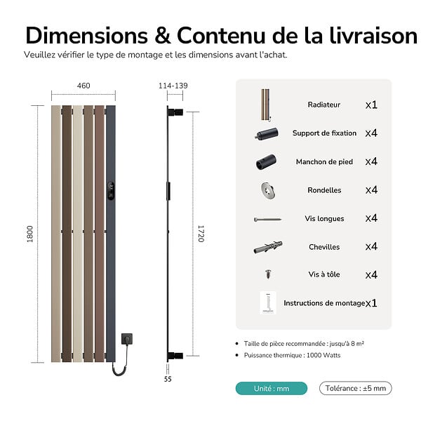 EMKE - EMKE Radiateur électrique vertical 180 x 46 cm 750 W, WiFi, Alexa, design multicolore, 7 modes - large