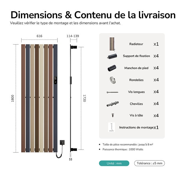 EMKE - EMKE Radiateur électrique vertical 180 x 61,6 cm 1000 W, WiFi, Alexa, design multicolore, 7 modes - large