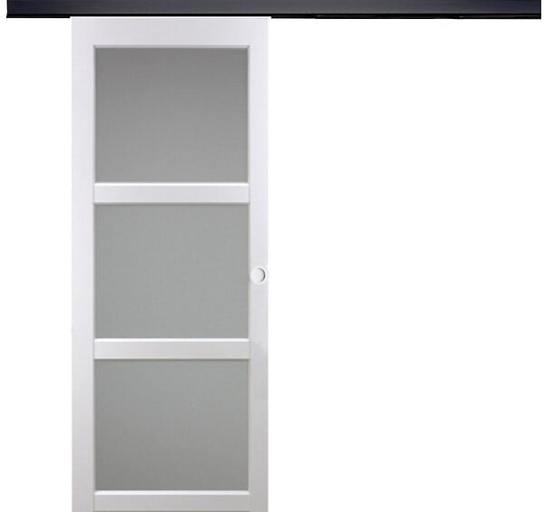 GD MENUISERIES - Porte Coulissante Kenya Blanc Vitrée H204 X L93 cm, Rail Alu Bandeau Noir, 2 Coquilles Blanc - large