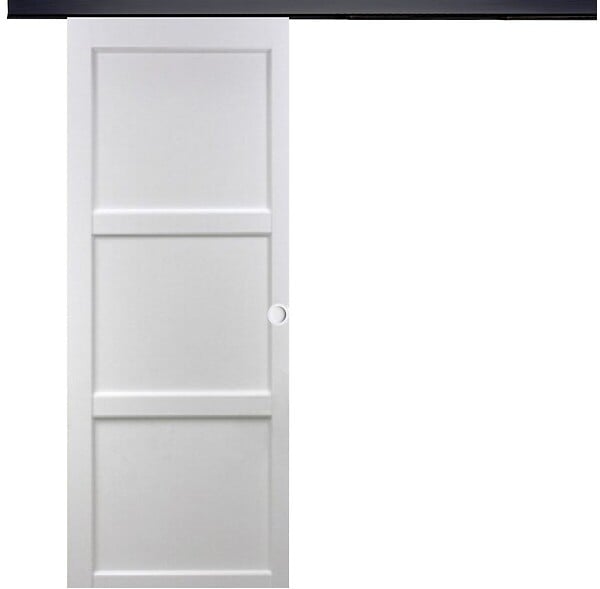 GD MENUISERIES - Porte Coulissante Korya Blanc 3 panneaux H204 x L73 cm, Rail Alu bandeau noir, Coquilles blanc - large