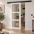 GD MENUISERIES - Porte Coulissante Kenya Blanc Vitrage transparent H204 x L73 cm, Rail Alu bandeau noir, Coquilles blanc - vignette