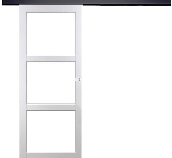 GD MENUISERIES - Porte Coulissante Kenya Blanc Vitrage transparent H204 x L73 cm, Rail Alu bandeau noir, Coquilles blanc - large