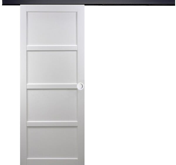 GD MENUISERIES - Porte Coulissante Tamera blanc 4 panneaux H204 x L83 cm, Rail Alu bandeau noir, Coquilles blanc - large