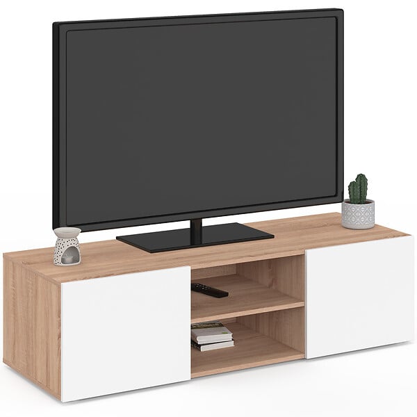ID MARKET - Meuble TV 113 cm ELI bois façon hêtre portes blanches - large