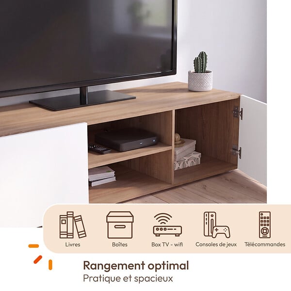 ID MARKET - Meuble TV 113 cm ELI bois façon hêtre portes blanches - large
