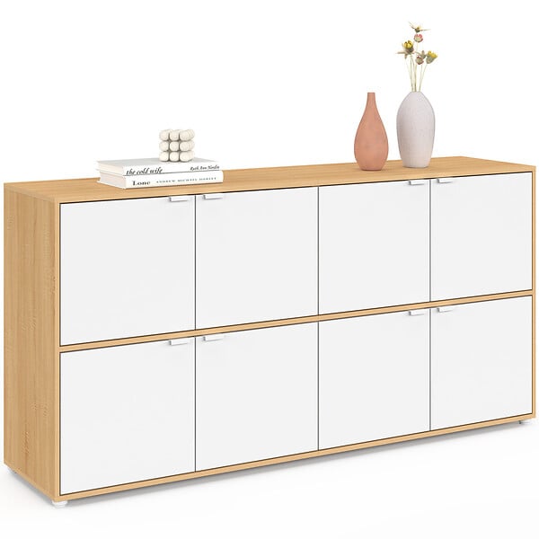 ID MARKET - Buffet casier 130 cm CASSIE 8 portes blanc et bois - large