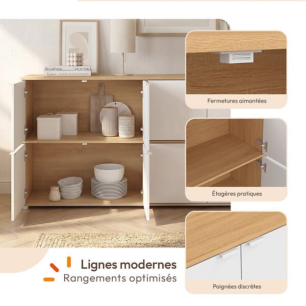 ID MARKET - Buffet casier 130 cm CASSIE 8 portes blanc et bois - large