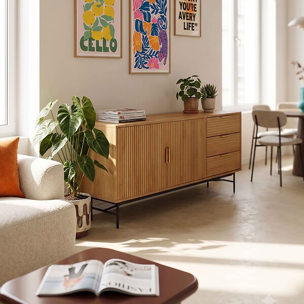 OVIALA - Buffet 2 portes et 3 tiroirs en mélaminé et acier 160 cm beige - Gabin - large