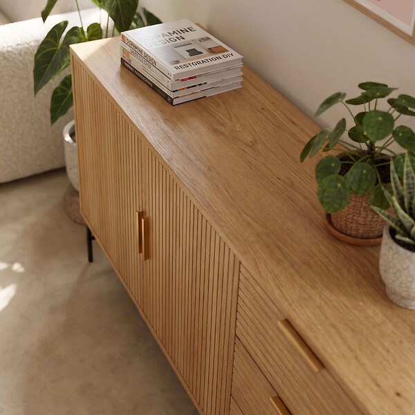 OVIALA - Buffet 2 portes et 3 tiroirs en mélaminé et acier 160 cm beige - Gabin - large