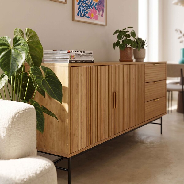 OVIALA - Buffet 2 portes et 3 tiroirs en mélaminé et acier 160 cm beige - Gabin - large
