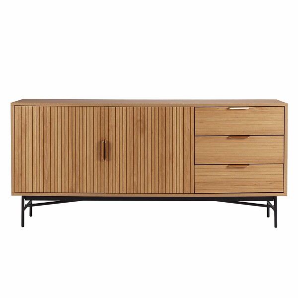 OVIALA - Buffet 2 portes et 3 tiroirs en mélaminé et acier 160 cm beige - Gabin - large