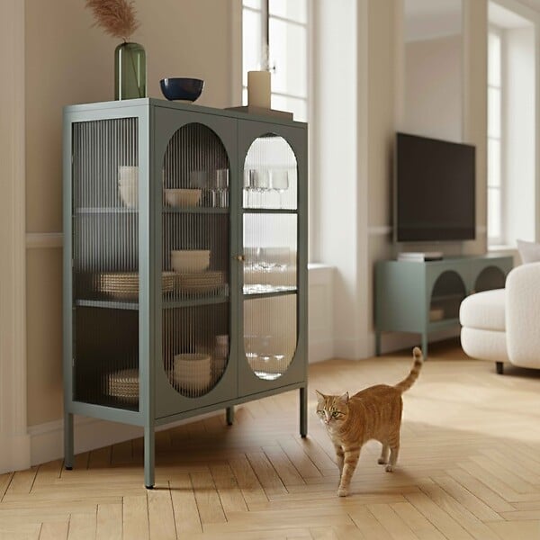 OVIALA - Buffet moderne 2 portes 80 cm en métal et verre vert sauge - Dreamy - large