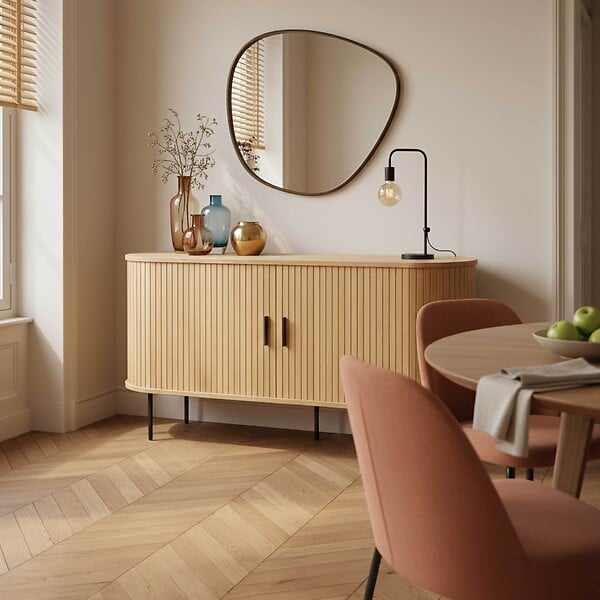 OVIALA - Buffet 2 portes en mélaminé et acier 140 cm beige - Marius - large