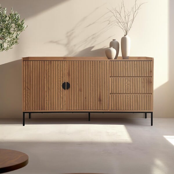 OVIALA - Buffet 2 portes et 3 tiroirs en acier et MDF décor mélaminé beige - Dakota - large