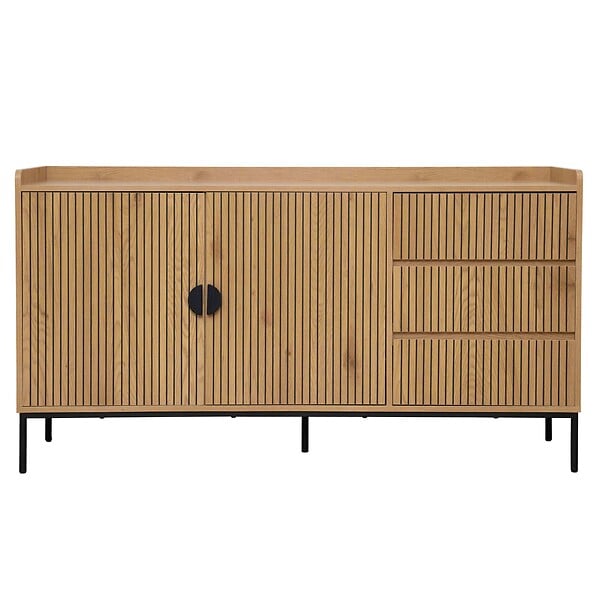 OVIALA - Buffet 2 portes et 3 tiroirs en acier et MDF décor mélaminé beige - Dakota - large