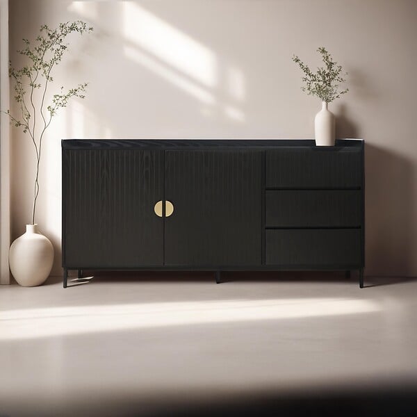 OVIALA - Buffet 2 portes et 3 tiroirs en acier et MDF décor mélaminé noir - Dakota - large