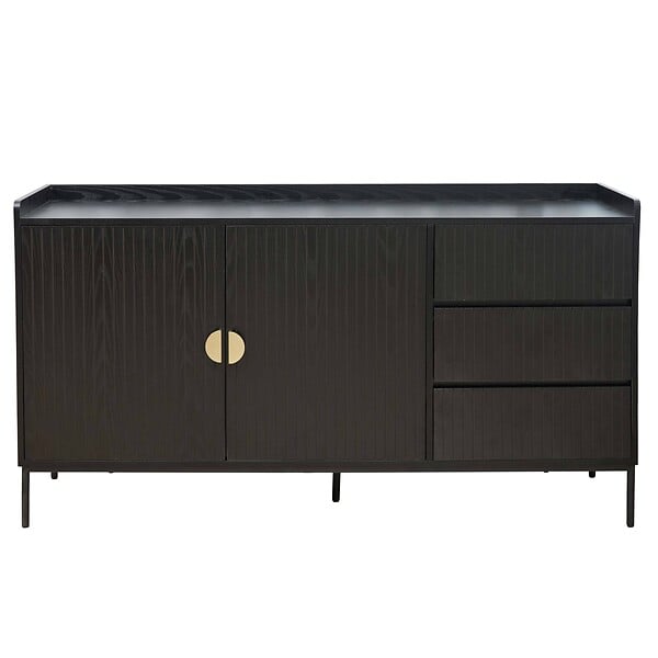 OVIALA - Buffet 2 portes et 3 tiroirs en acier et MDF décor mélaminé noir - Dakota - large