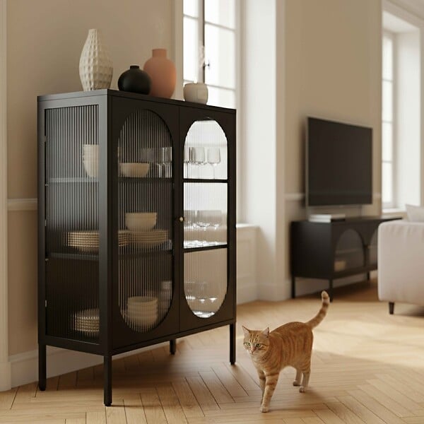 OVIALA - Buffet moderne 2 portes 80 cm en métal et verre noir - Dreamy - large