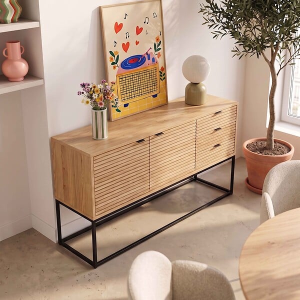 OVIALA - Buffet 2 portes et 3 tiroirs décor mélaminé 160 cm bois et noir - Judith - large