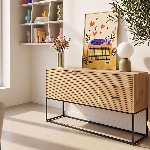 OVIALA - Buffet 2 portes et 3 tiroirs décor mélaminé 160 cm bois et noir - Judith - large