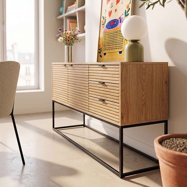 OVIALA - Buffet 2 portes et 3 tiroirs décor mélaminé 160 cm bois et noir - Judith - large