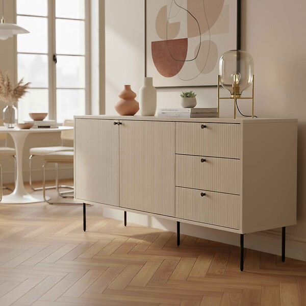 OVIALA - Buffet 2 portes et 3 tiroirs décor mélaminé 150 cm beige - Romeo - large