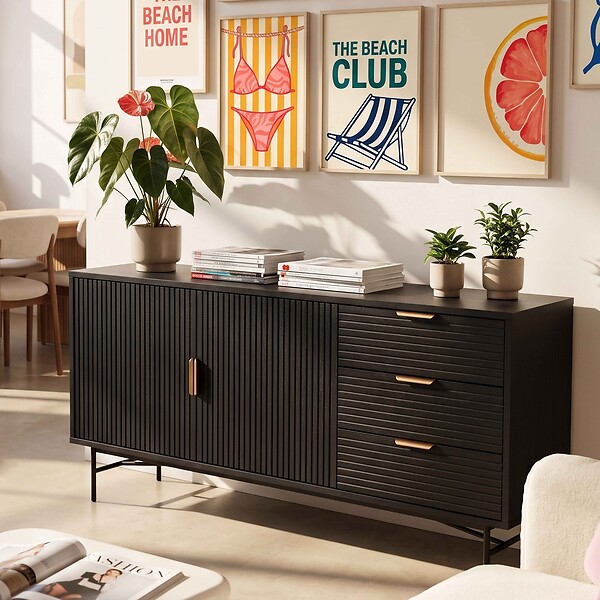 OVIALA - Buffet 2 portes et 3 tiroirs en mélaminé et acier 160 cm noir - Gabin - large