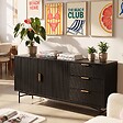 OVIALA - Buffet 2 portes et 3 tiroirs en mélaminé et acier 160 cm noir - Gabin - vignette