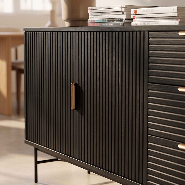 OVIALA - Buffet 2 portes et 3 tiroirs en mélaminé et acier 160 cm noir - Gabin - large
