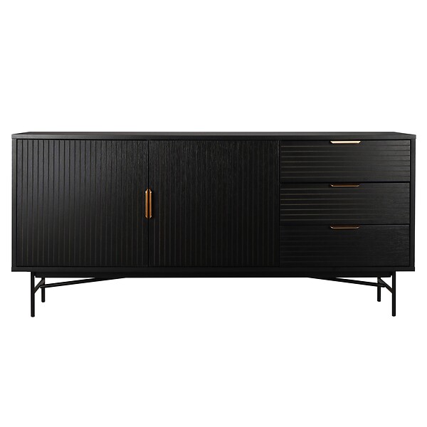 OVIALA - Buffet 2 portes et 3 tiroirs en mélaminé et acier 160 cm noir - Gabin - large