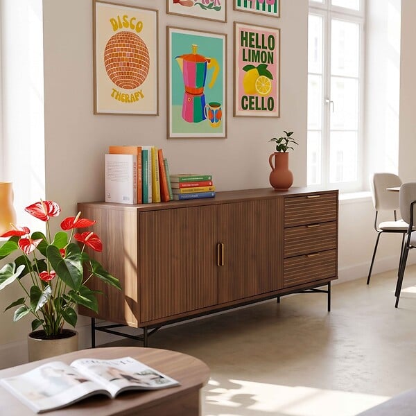 OVIALA - Buffet 2 portes et 3 tiroirs en mélaminé et acier 160 cm marron - Gabin - large