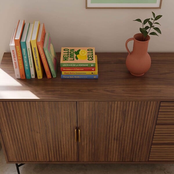 OVIALA - Buffet 2 portes et 3 tiroirs en mélaminé et acier 160 cm marron - Gabin - large