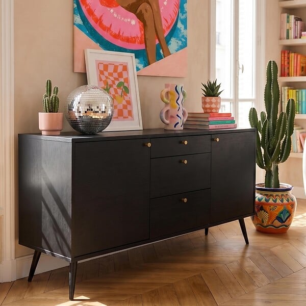 OVIALA - Buffet design effet bois foncé 2 portes 3 tiroirs 150 cm noir  - Milo - large