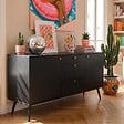 OVIALA - Buffet design effet bois foncé 2 portes 3 tiroirs 150 cm noir  - Milo - vignette