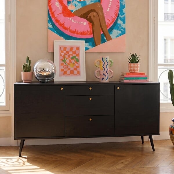 OVIALA - Buffet design effet bois foncé 2 portes 3 tiroirs 150 cm noir  - Milo - large