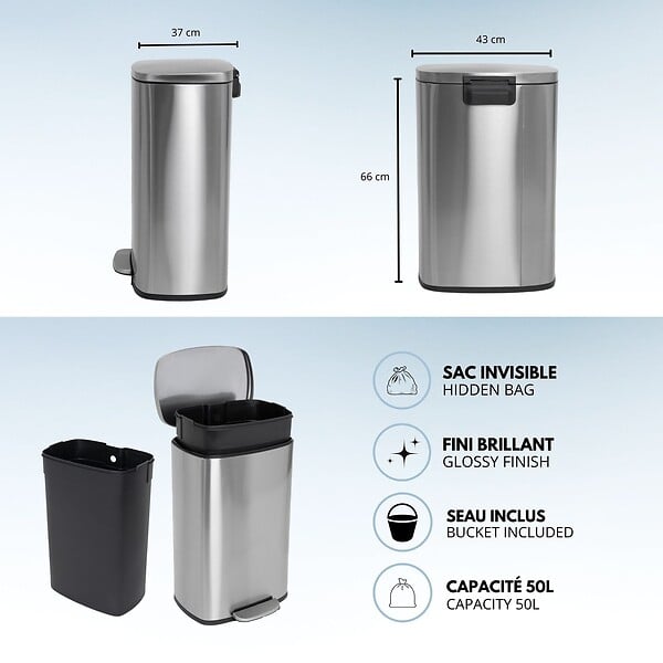 KITCHEN MOVE - Poubelle à pédale inox ADMIRAL argent 50L - large