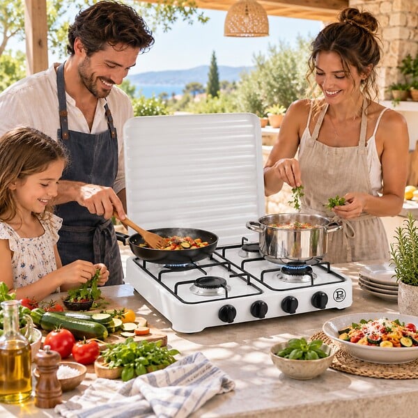 INTEC - Plaque de cuisson gaz 4 feux 8000W Réchaud à gaz portable Blanc Gaz Butane ou Propane Bruleurs grille Acier amovibles INTEC - large