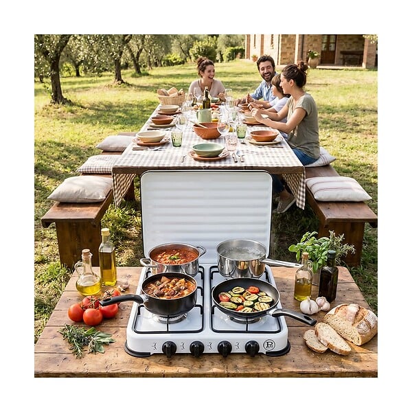 INTEC - Plaque de cuisson gaz 4 feux 8000W Réchaud à gaz portable Blanc Gaz Butane ou Propane Bruleurs grille Acier amovibles INTEC - large