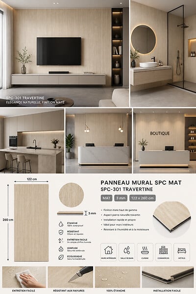 PROTOCOLE HOME - SPC-301 Plaque décorative effet Travertin 260x122 cm, ép. 3 mm - large