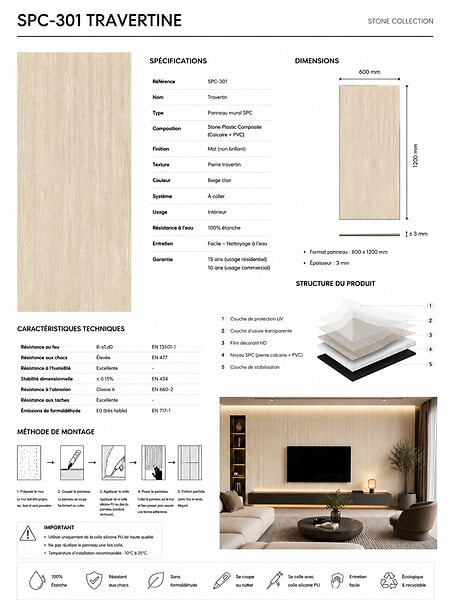PROTOCOLE HOME - SPC-301 Plaque murale effet Travertin mat - 600 x 1200 mm - large