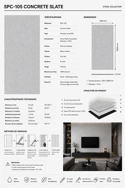 PROTOCOLE HOME - Protocole Home - Plaque murale SPC mat effet pierre gris SPC-105, 260x122 cm - large